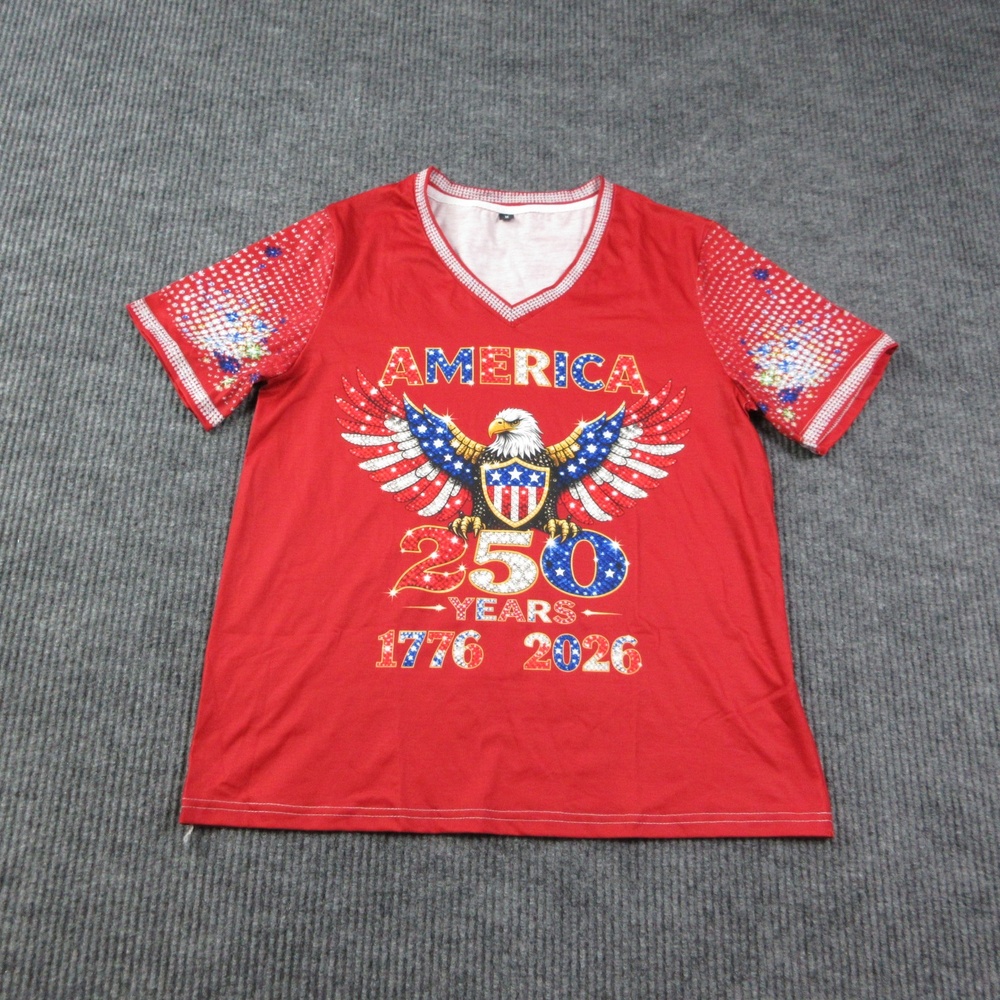 AMERICA 250 Years Shirt Womens M Red V-Neck 1776 2026 Patriotic Graphic Tee